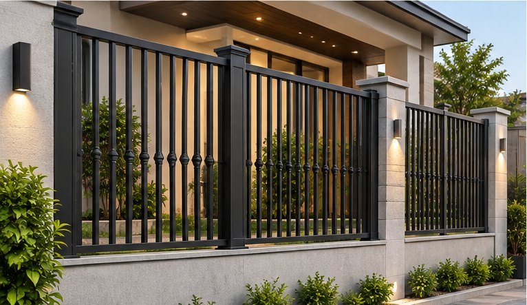 Classic iron screen with ornamental vertical bars on top of a boundary wall