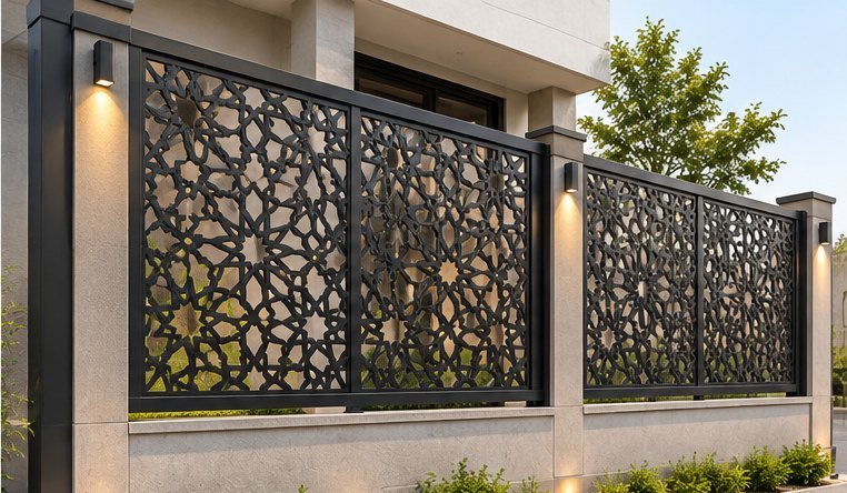 Laser-cut iron screen with an Islamic geometric pattern on top of a boundary wall