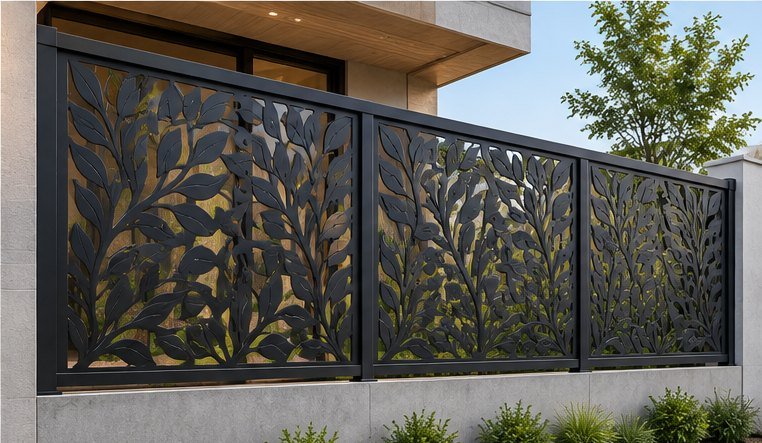 Laser-cut iron screen with full leaf-pattern panels on top of a boundary wall