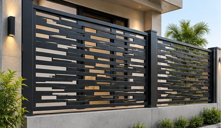Modern iron privacy screen with staggered horizontal slats on top of a boundary wall