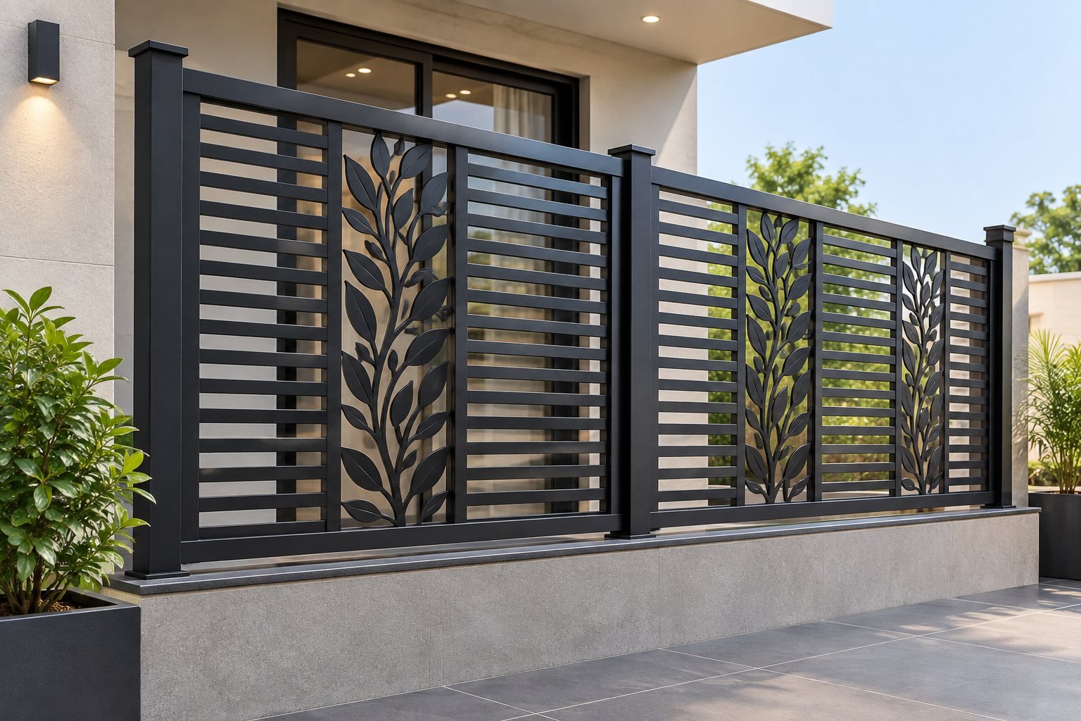 Iron privacy screen with horizontal slats and laser-cut leaf panels on top of a wall