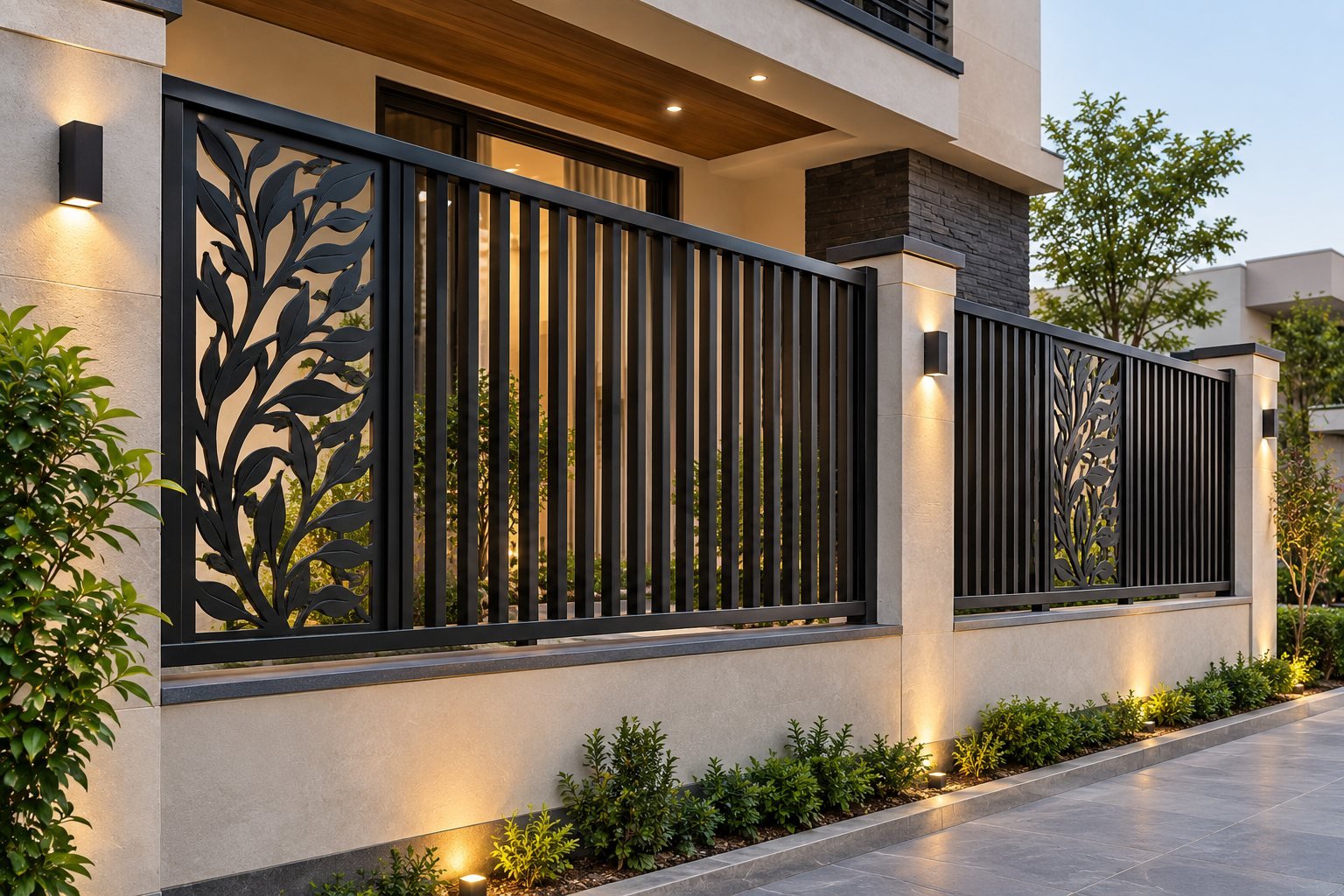 Iron privacy screen with vertical slats and a laser-cut leaf panel on top of a villa wall