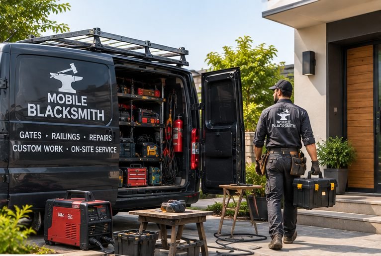 Mobile blacksmith arriving with tools at the customer’s home