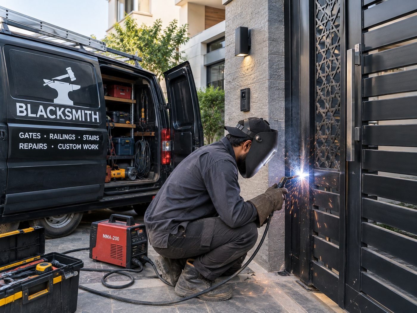 Mobile blacksmith welding a steel gate on site