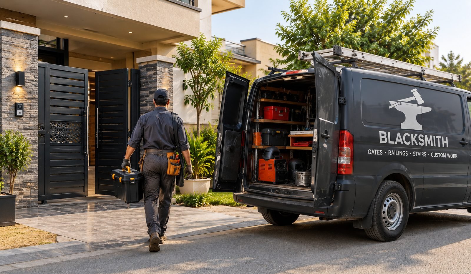 Mobile blacksmith arriving at a customer’s villa with a fully equipped van