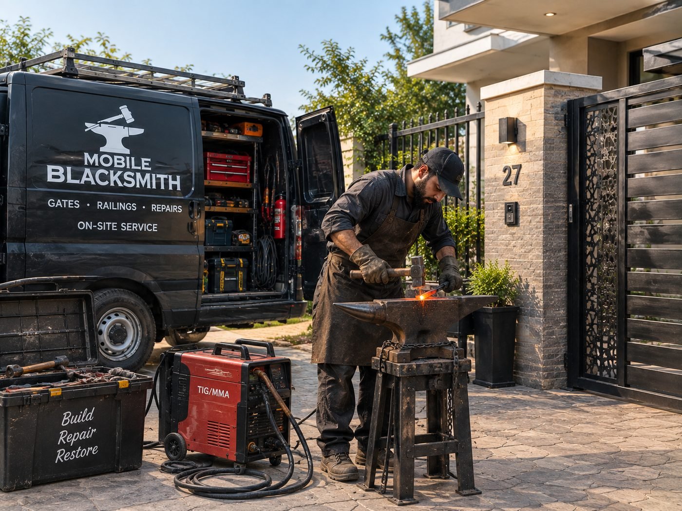 Mobile blacksmith shaping steel on an anvil on site