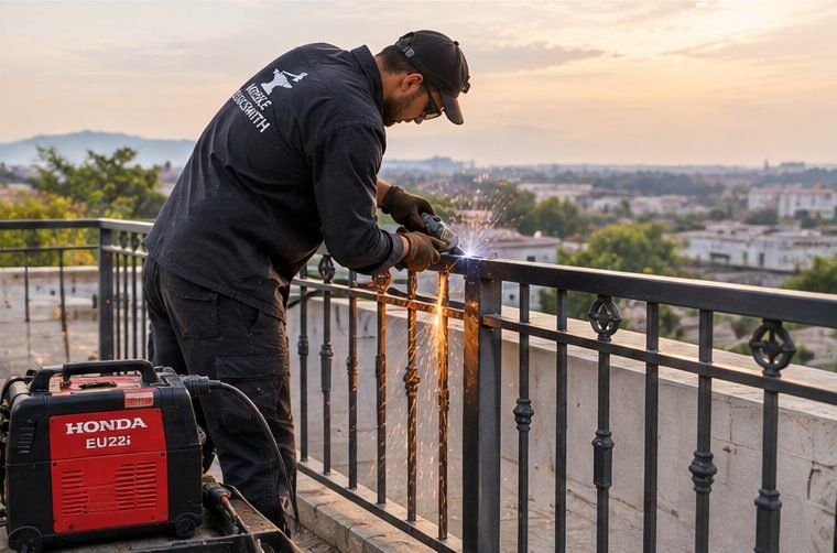 Welding a steel railing on a rooftop