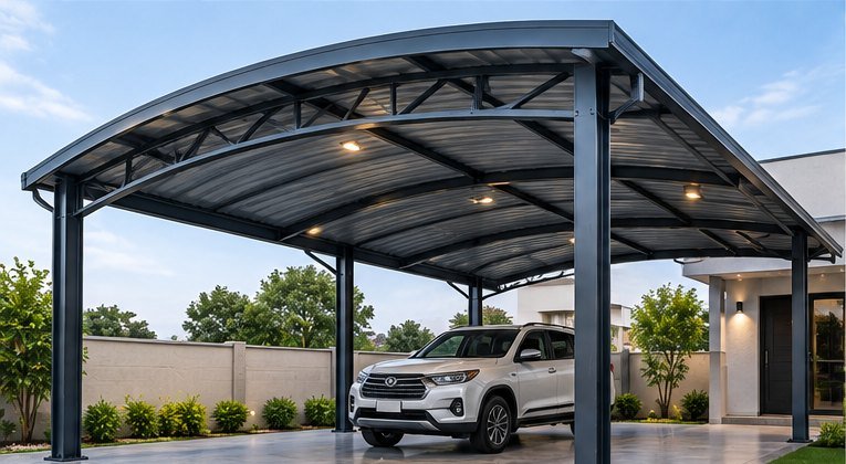 Curved-roof steel car-parking canopy with truss supports