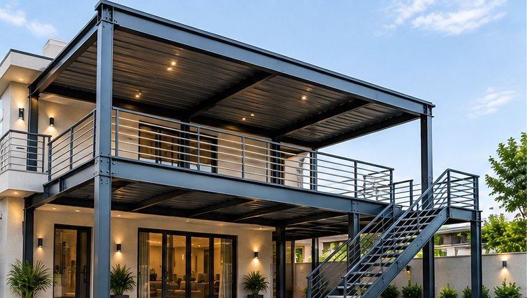 Steel-frame extension with an upper terrace and external staircase beside a villa