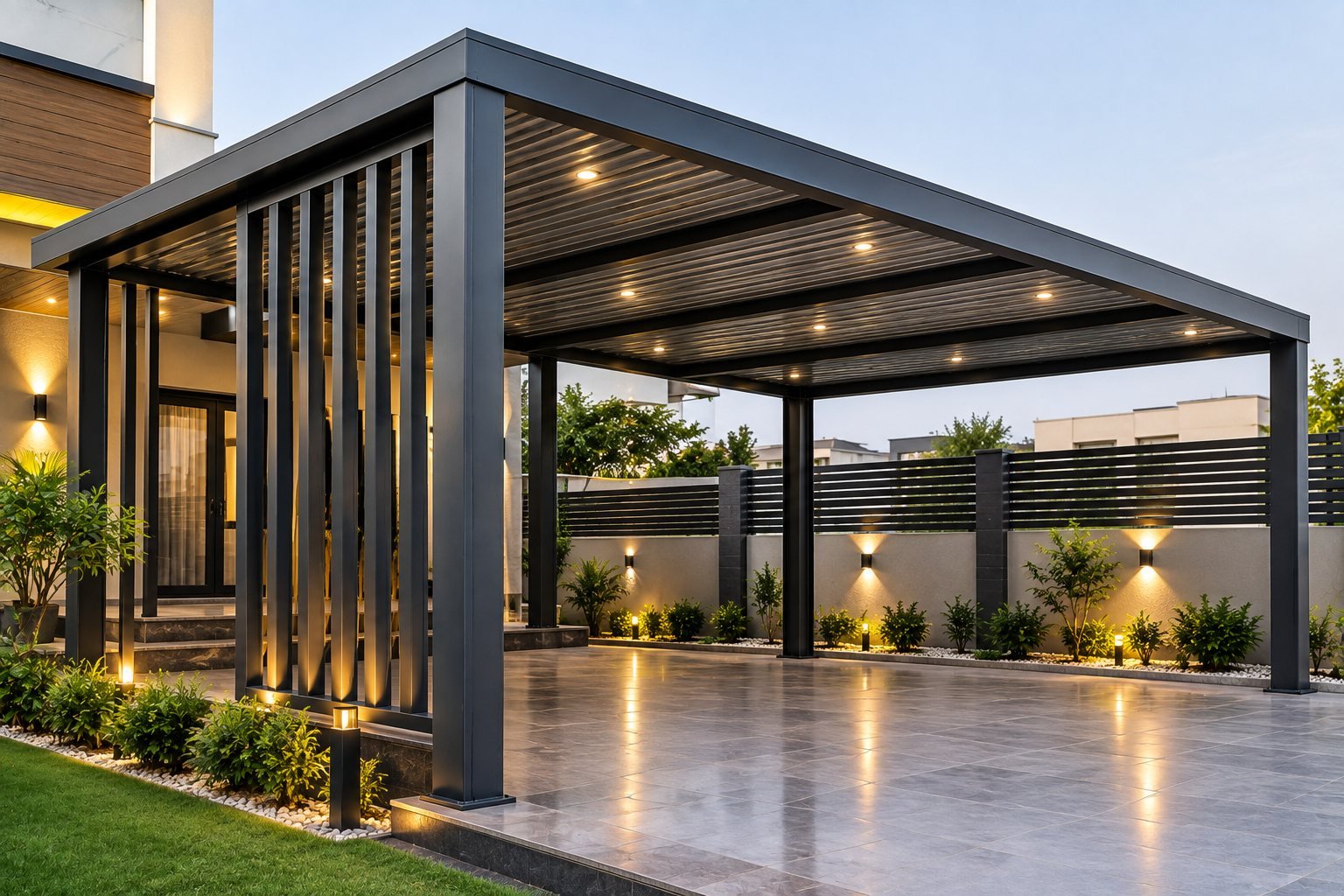 Modern steel pergola with a panelled roof, lighting and a vertical-slat screen in a villa garden