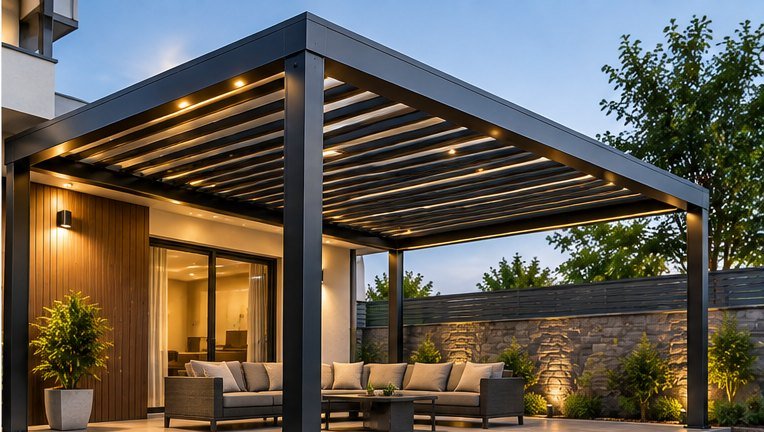 Steel pergola with roof slats over an outdoor seating area