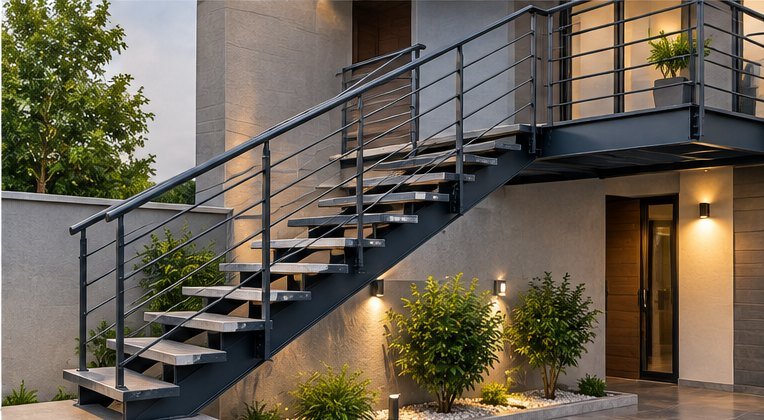 External steel staircase with railing leading to an upper terrace
